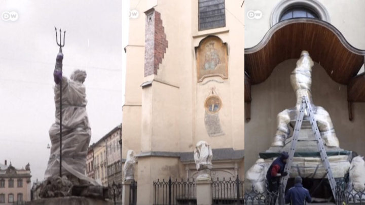 Pogledajte kako stanovnici u Ukrajini poliuretanskom pjenom štite povijesne kipove od vatre